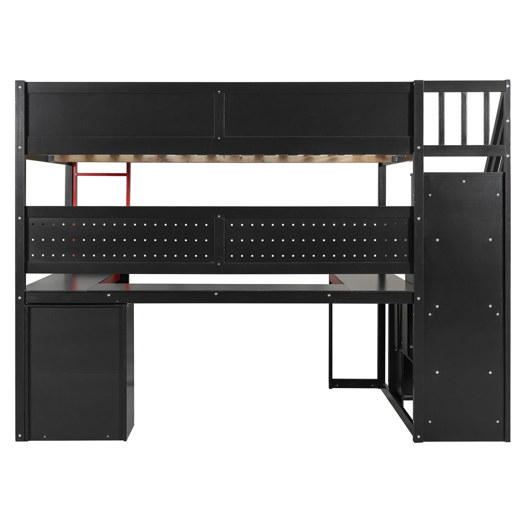Full Size Wooden Gaming Loft Bed with Storage Stairs, Desk, Shelves and Pegboard