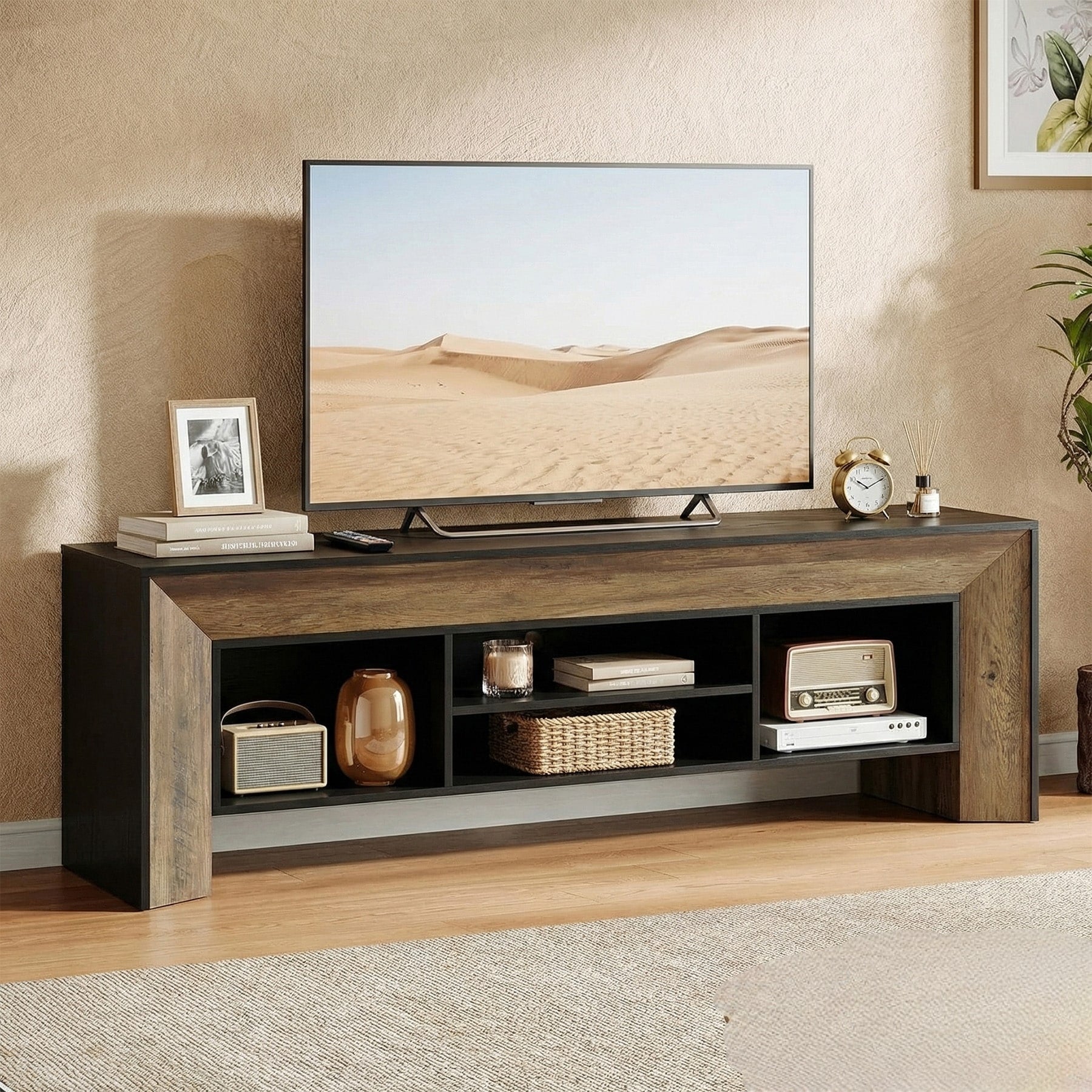 Farmhouse TV Stands for 70 Inches TV, Wooden Entertainment Center with Open Storage Shelves for Living Room