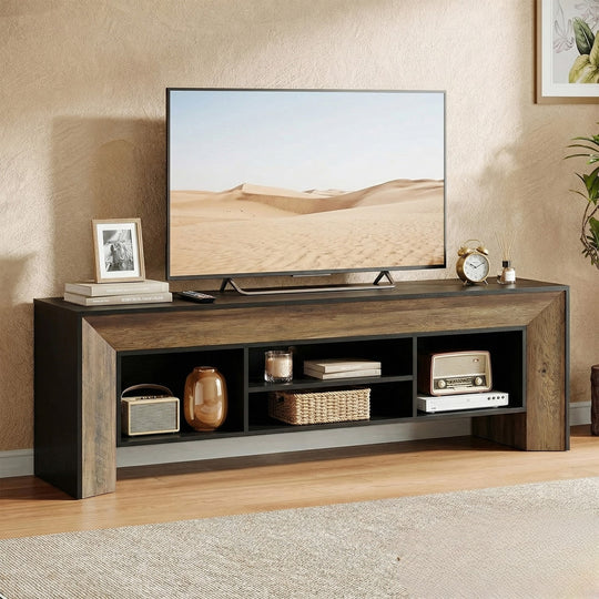 Farmhouse TV Stands for 70 Inches TV, Wooden Entertainment Center with Open Storage Shelves for Living Room