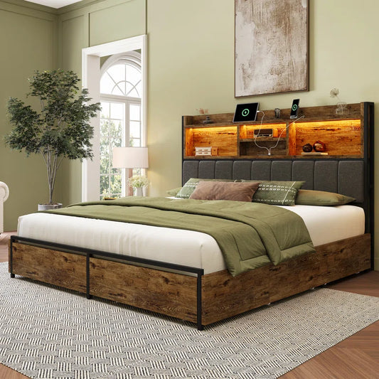 Bed Frame with 6 Storage Drawers, Linen Upholstered Headboard, Built in Charging Station and Led