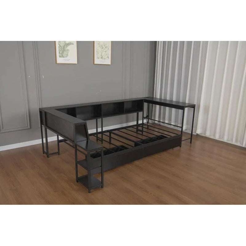 Corner Bed Frame Full Size with Bookcase Two Underbed Storage Drawers LED