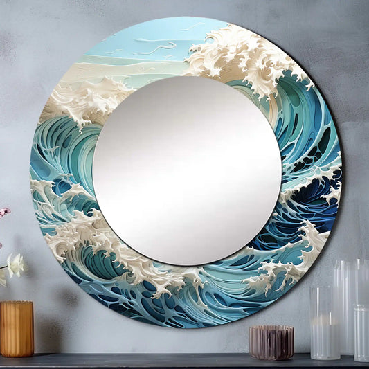 Designart "Blue Kinetic Waves I" Nautical & Beach round Mirror for Wall Decor - Nautical & Coastal Teal Bedroom Mirror