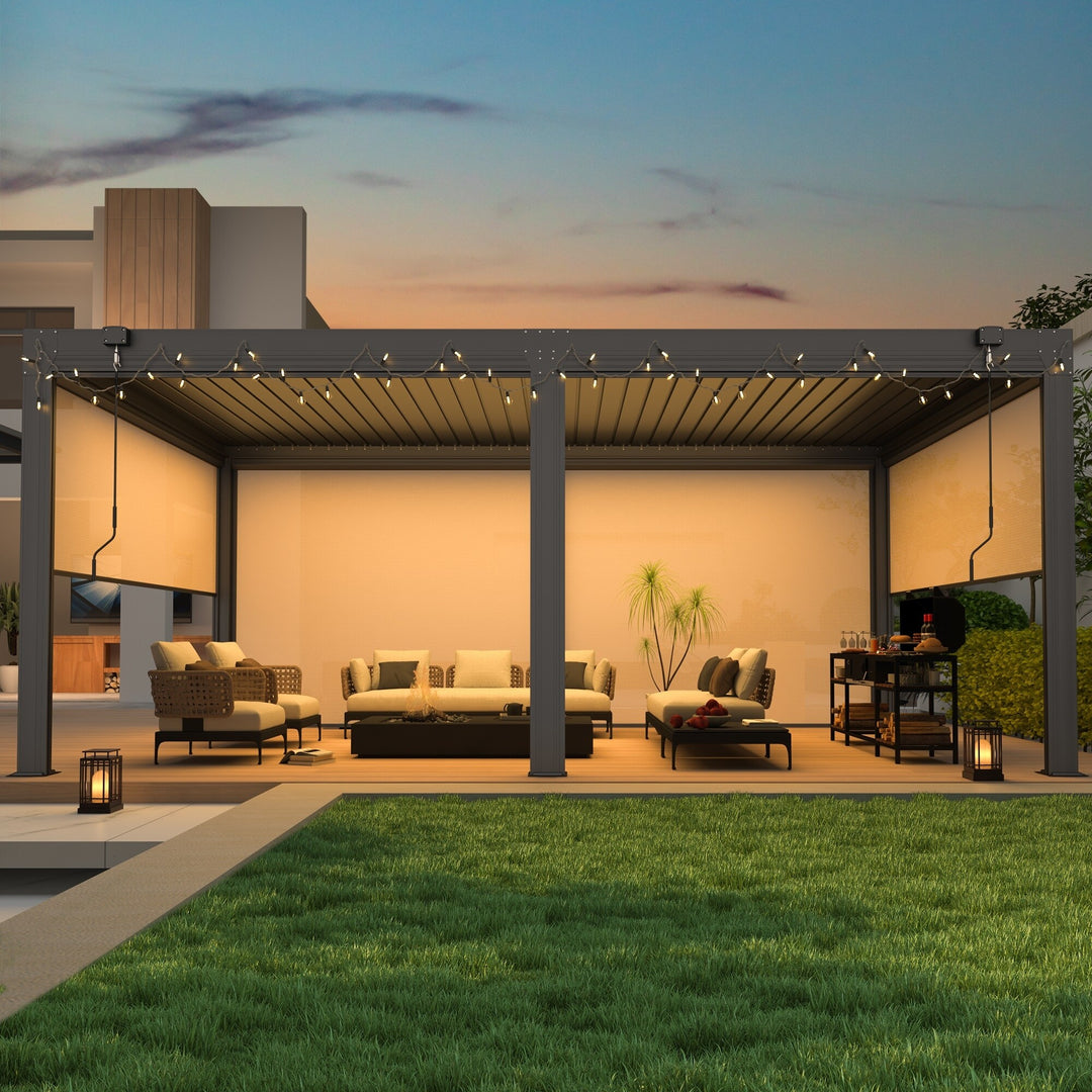 Outdoor Louvered Pergola Gazebo with Adjustable Aluminum Rainproof Roof and Pull-Down Screen