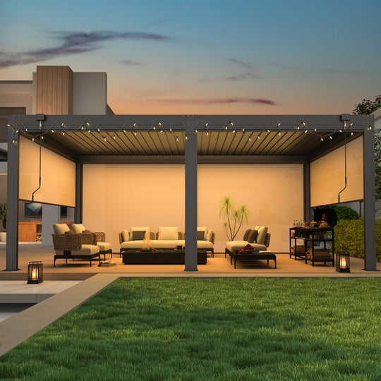 Outdoor Louvered Pergola Gazebo with Adjustable Aluminum Rainproof Roof and Pull-Down Screen