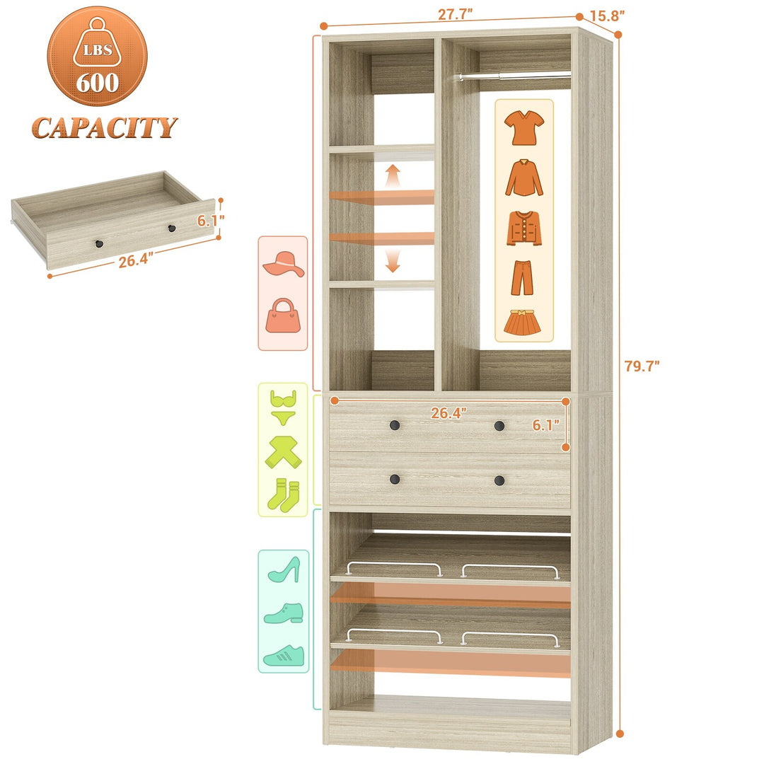 Grimm 28'' Closet Organizer with Shoe Racks and Drawers, Closet System with Hanging Rod and Adjustable Shelves