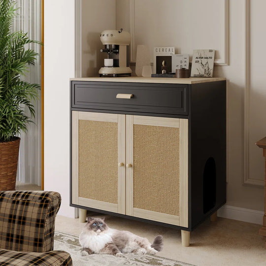 Cat Litter Box Enclosure Wood Cat Crate Furniture with Scratching Pad Doors