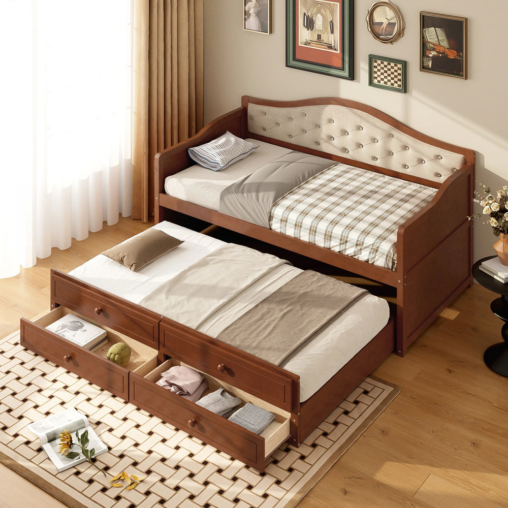 Twin Daybed with Trundle, Twin Size Daybed with 2 Storage Drawers, Wooden Sofa Bed with Upholstered Button Tufted Backrest