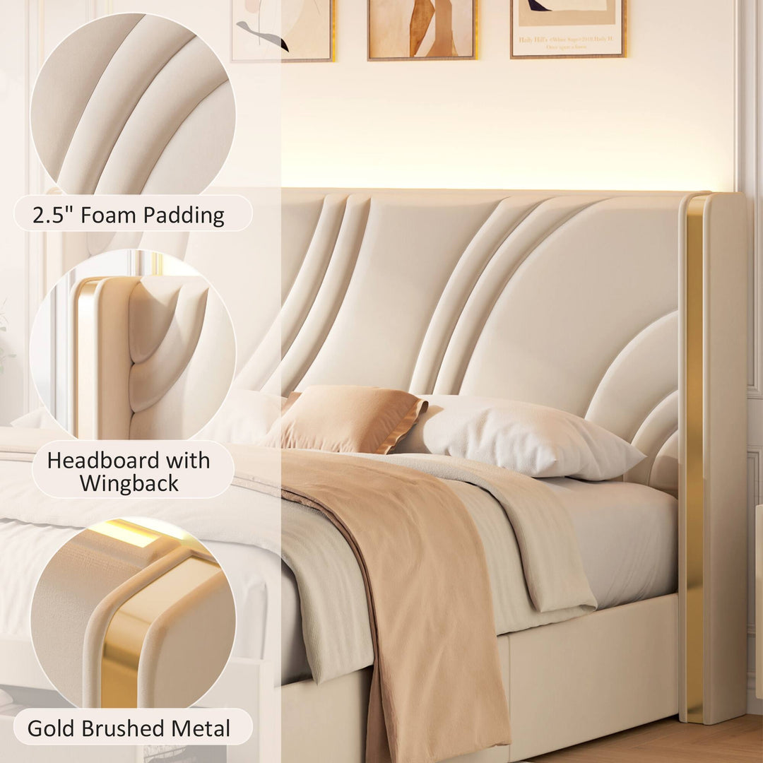 Velvet Upholstered Platform Bed with Smart Ambient Strip Lights Wingback Headboard and Endbed Pull-Out Storage Drawers