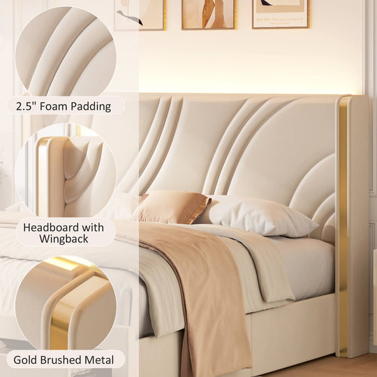 Velvet Upholstered Platform Bed with Smart Ambient Strip Lights Wingback Headboard and Endbed Pull-Out Storage Drawers