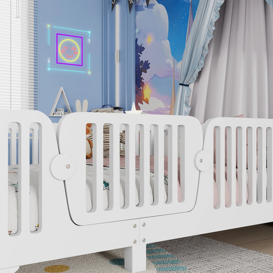 Full Size Montessori Floor Bed Frame with Safety Rails and Removable Door, Low Profile Kids Bed with Slatted Support