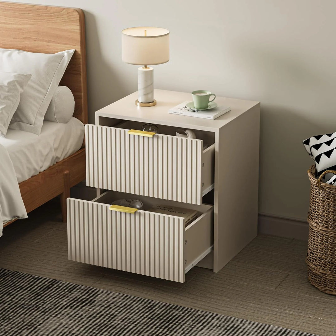 Set of 2 Fluted Nightstand with 2 Drawers, Modern Storage Bedside Table Wooden End Table for Bedroom