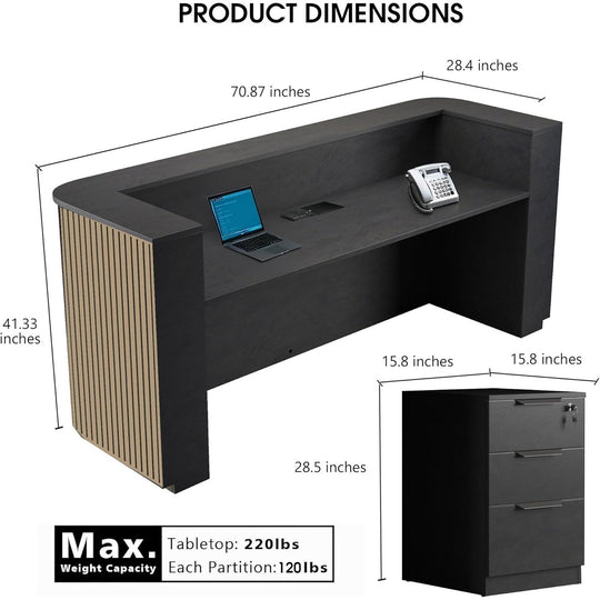 WESOME 70.87In Mid Century Curved Reception Desk with Cable Box LED Light