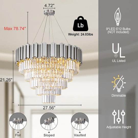 Large Crystal Chandelier - 35.4"Modern 6-Tier 17-Light Chrome Ceiling Light, Luxury K9 Crystal