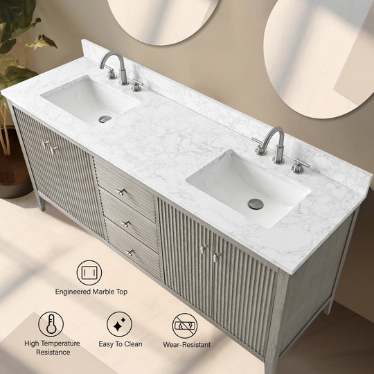 72" Double Sink Bathroom Vanity Cabinet with Engineered Marble Top