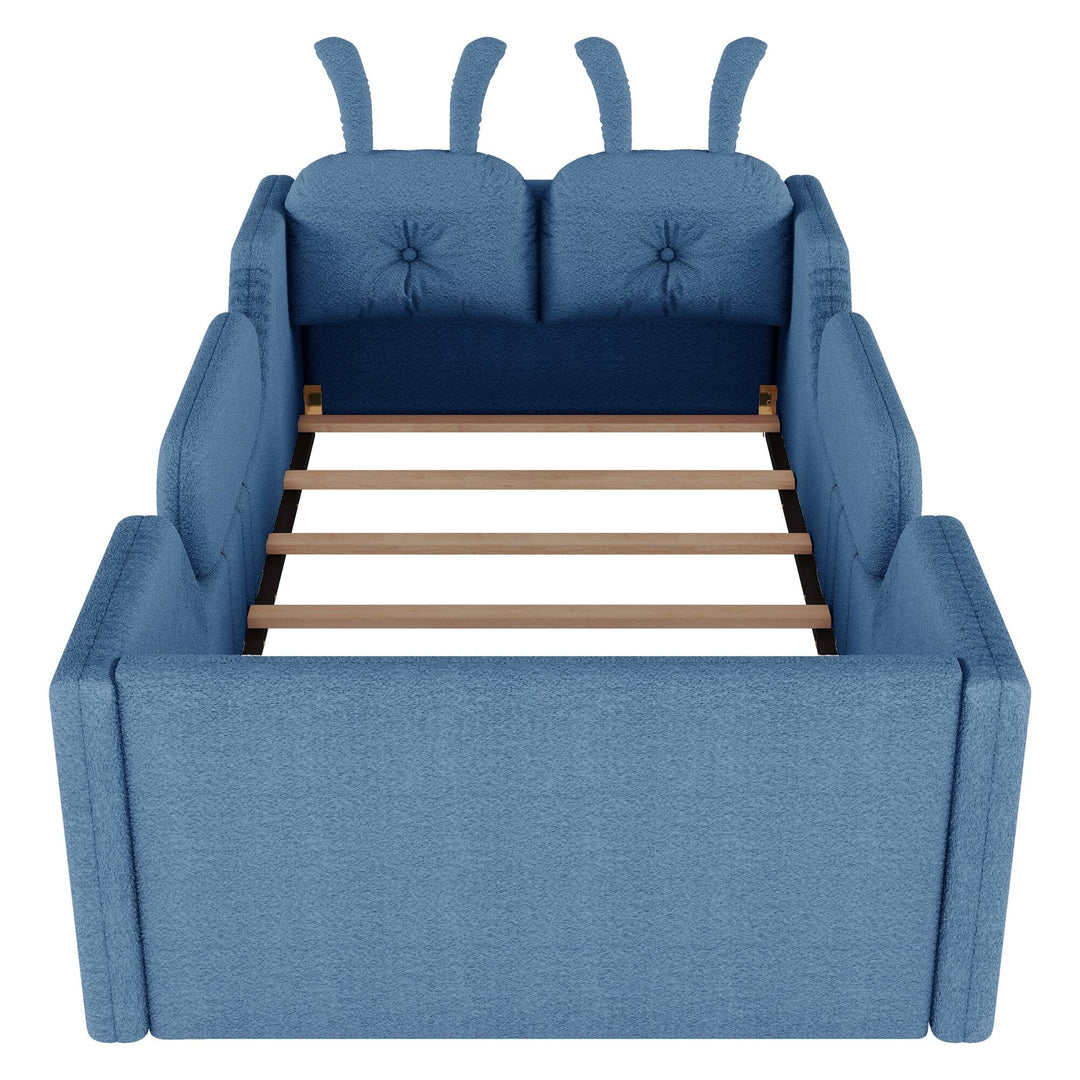 Twin Size Upholstered Platform Bed with Rabbit Cushion, Floor Upholstered Bed with Removable Side Rails