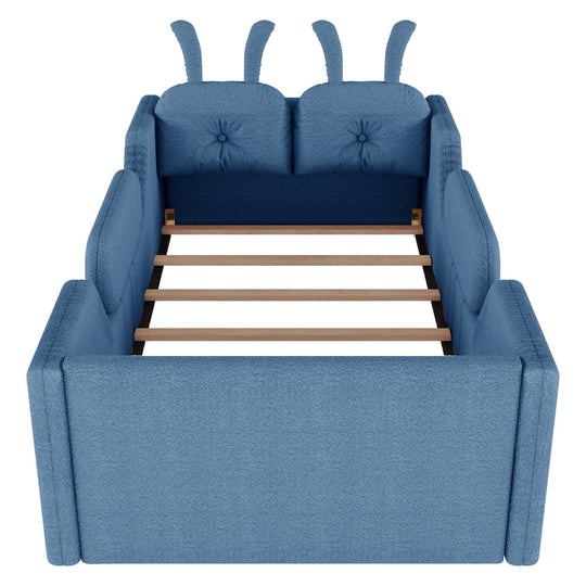 Twin Size Upholstered Platform Bed with Rabbit Cushion, Floor Upholstered Bed with Removable Side Rails