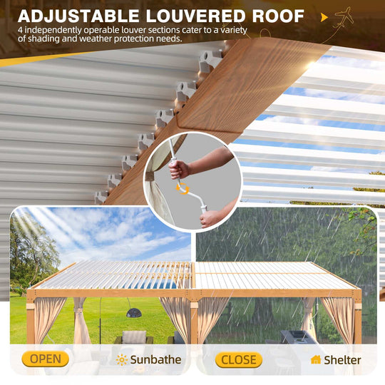 Outdoor Louvered Pergola Gazebo with Adjustable Aluminum Rainproof Roof and Pull-Down Screen