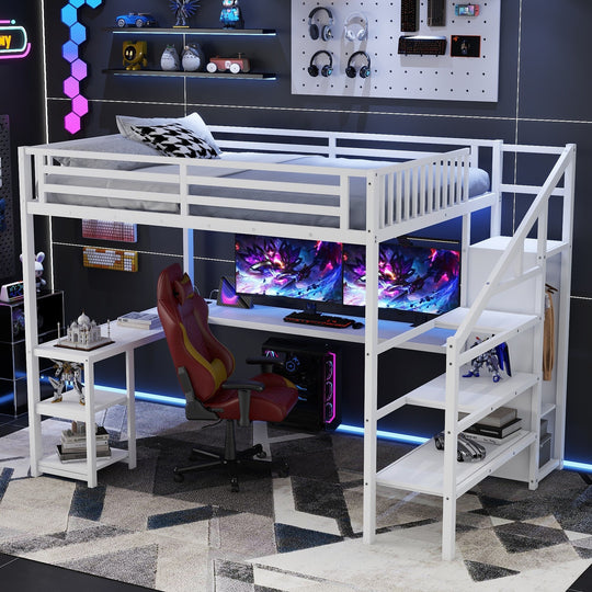 Metal Queen Loft Bed W/ Wardrobe & LED Light L Shaped Desk USB for Kids Teens Adults - White