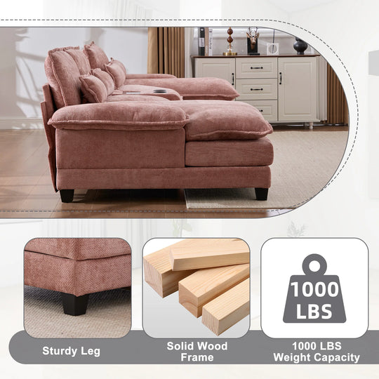 6-Seat Chenille Upholstered Modern U-Shaped Sectional Multifunctional Sofa with 2 Cup Holders,Pull-Out Storage Space
