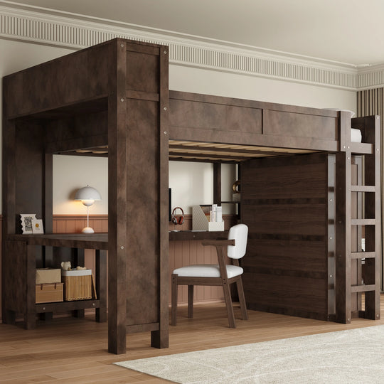 Heavy-Duty Loft Bed Queen Size Loft Frame with Wardrobe Desk USB
