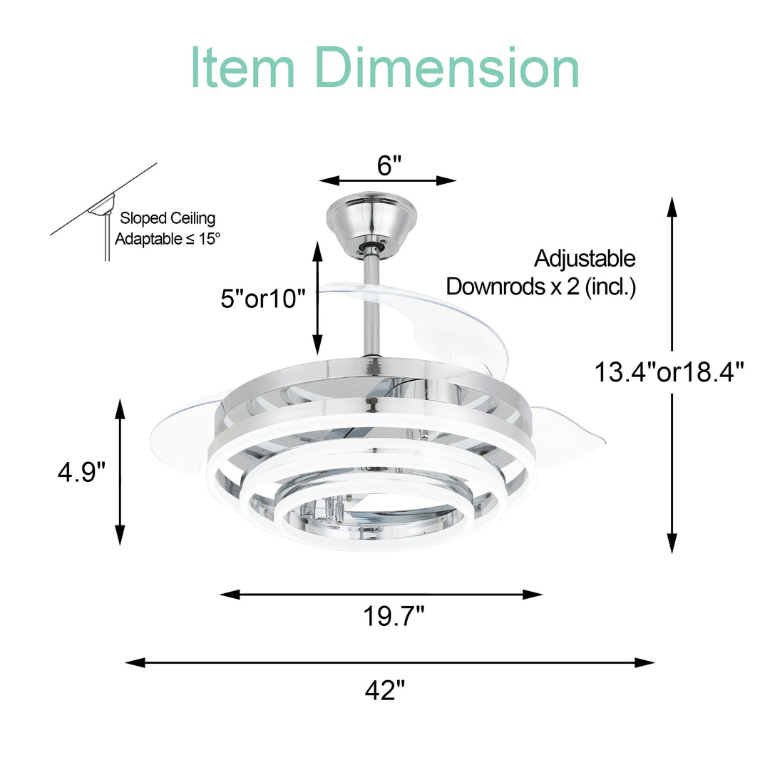 42In. DIY Shape Retractable Ceiling Fan with Lights, 6-Speed DC Motor Modern Ceiling Fan with LED Light and Remote
