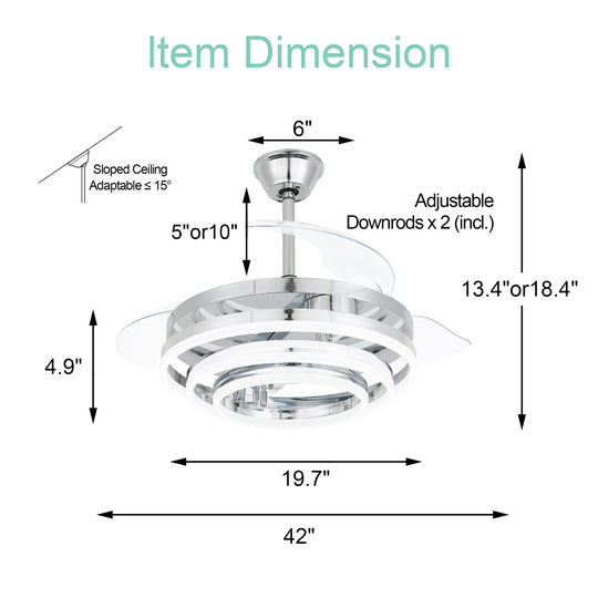 42In. DIY Shape Retractable Ceiling Fan with Lights, 6-Speed DC Motor Modern Ceiling Fan with LED Light and Remote