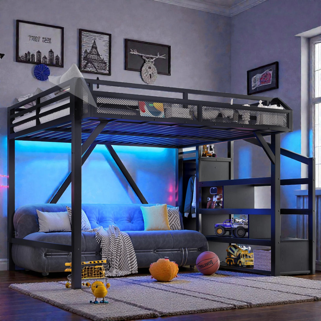 Metal Loft Bed with Storage Stairs, Built-In Wardrobe, Shelves, USB Ports, LED Lights & Noise-Reduced Frame