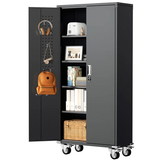 Metal Garage Storage Cabinets with Wheels & Pegboard, 72"H Rolling Storage Cabinet with Lockable Doors and 4 Adjustable Shelves, (72" H×32" W×16" D)