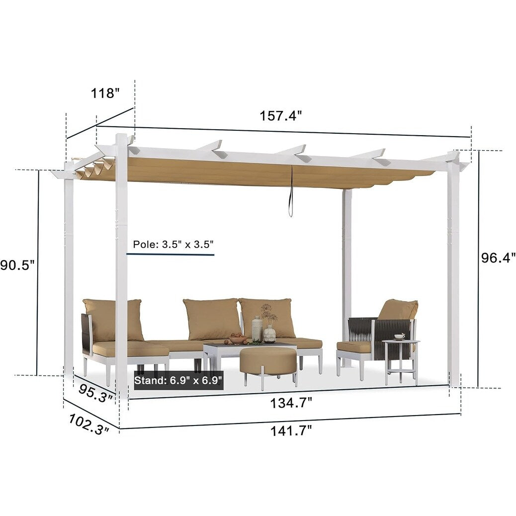 Gazebo Outdoor Retractable White Heavy-Duty Aluminum Pergola with Extra Top Roof