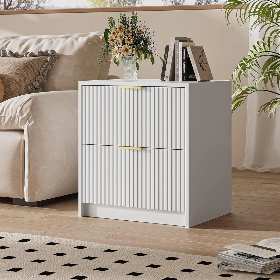Set of 2 Fluted Nightstand with 2 Drawers, Modern Storage Bedside Table Wooden End Table for Bedroom