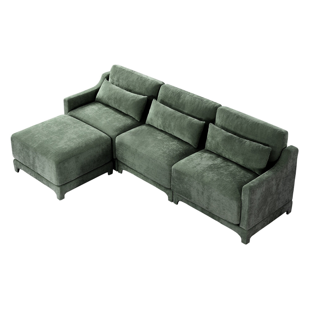 Modern Chenille 4-Seater Sofa with 2 Ottoman, Lumbar Cushions, Ergonomic Backrest, High-Resilience Spongeand Tufted Armrests