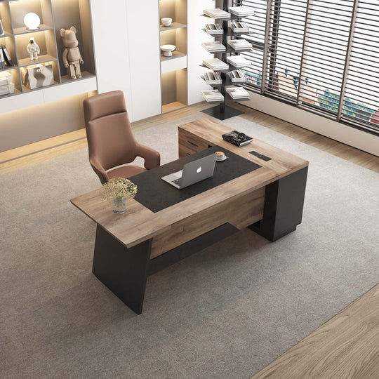 78.74 Inches L-Shape Executive Desk, Industrial Wood Desk with Cabinet Drawer Storage Shelves