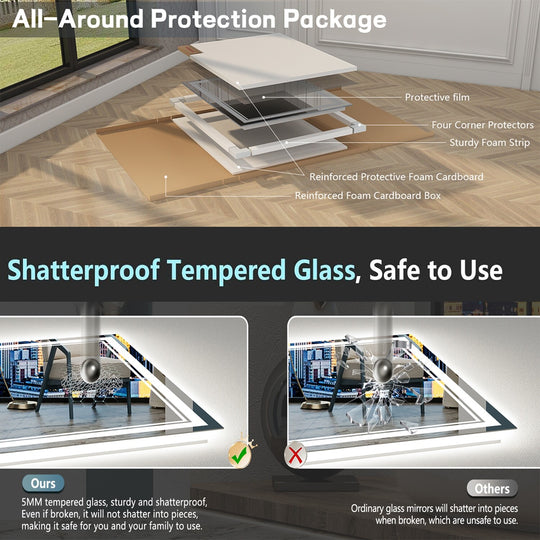 Full Size Front & Back LED Lighted Anti-Fog Tempered Glass Wall Bathroom Vanity Mirror, 3-Year Warranty & ETL Certification