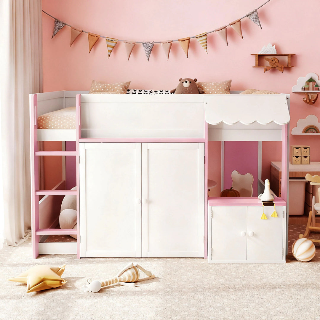 Full Loft House Bed with Playhouse Storage Modern Wood Cabin Bed for Kids