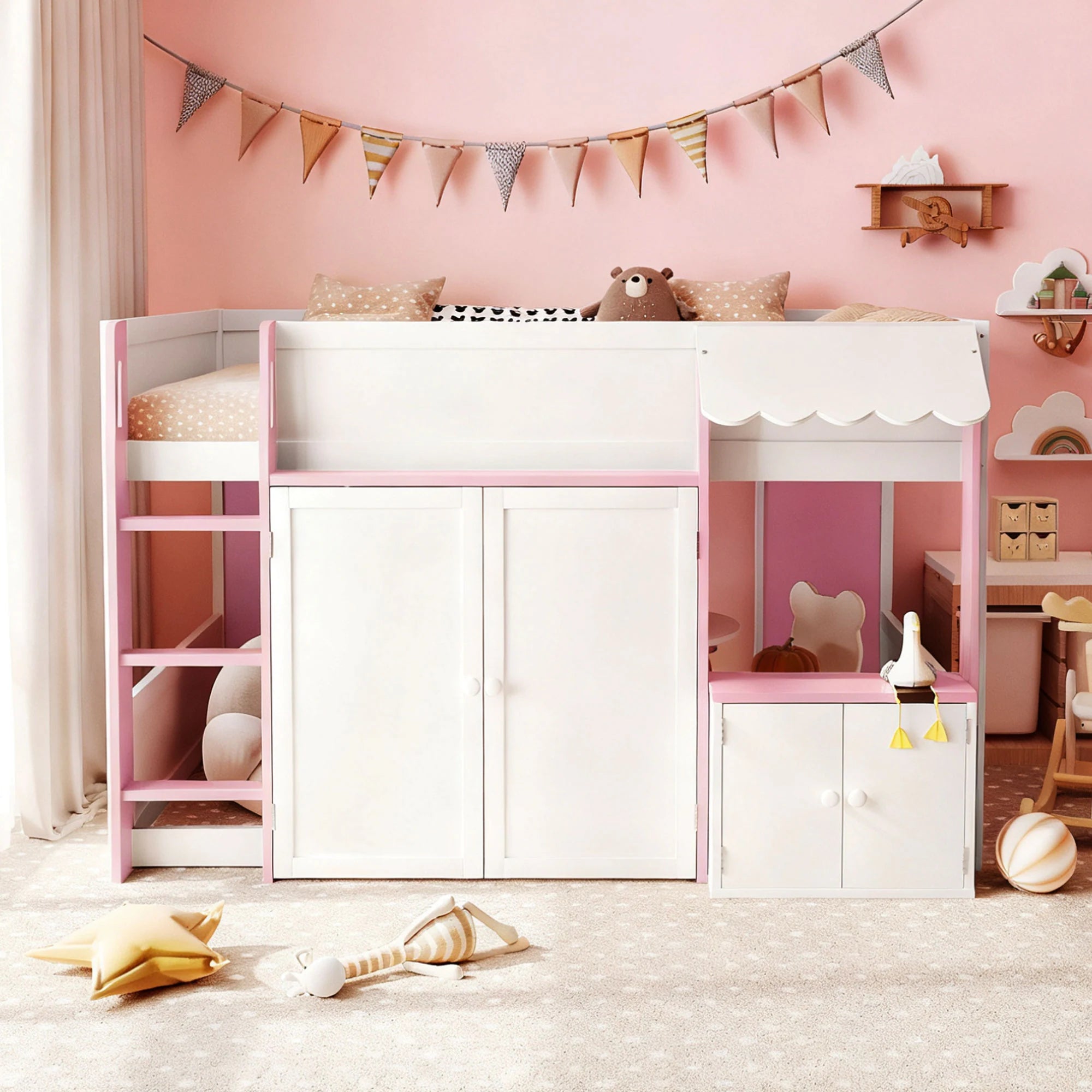 Full Loft House Bed with Playhouse Storage Modern Wood Cabin Bed for Kids