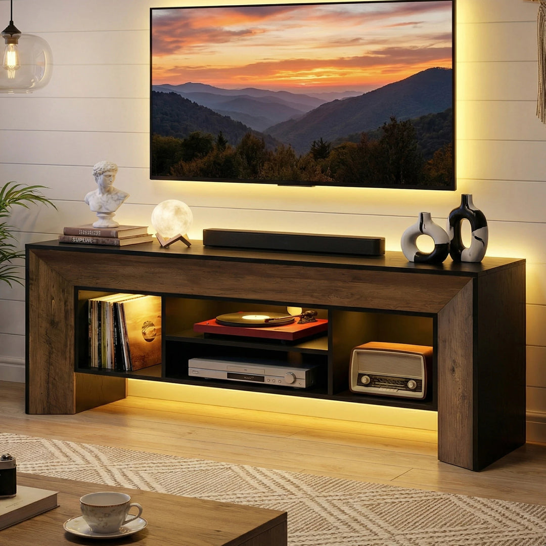 Farmhouse TV Stands for 70 Inches TV, Wooden Entertainment Center with Open Storage Shelves for Living Room