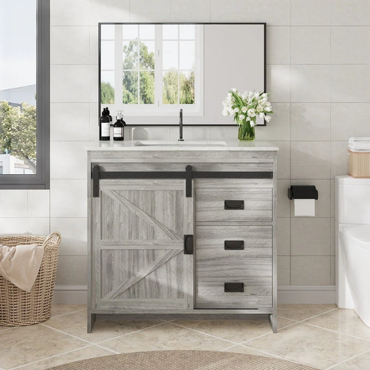 Farmhouse Bathroom Vanity with Ceramic Top and Sliding Barn Door Sink Cabinet, Rustic Single Sink Vanity