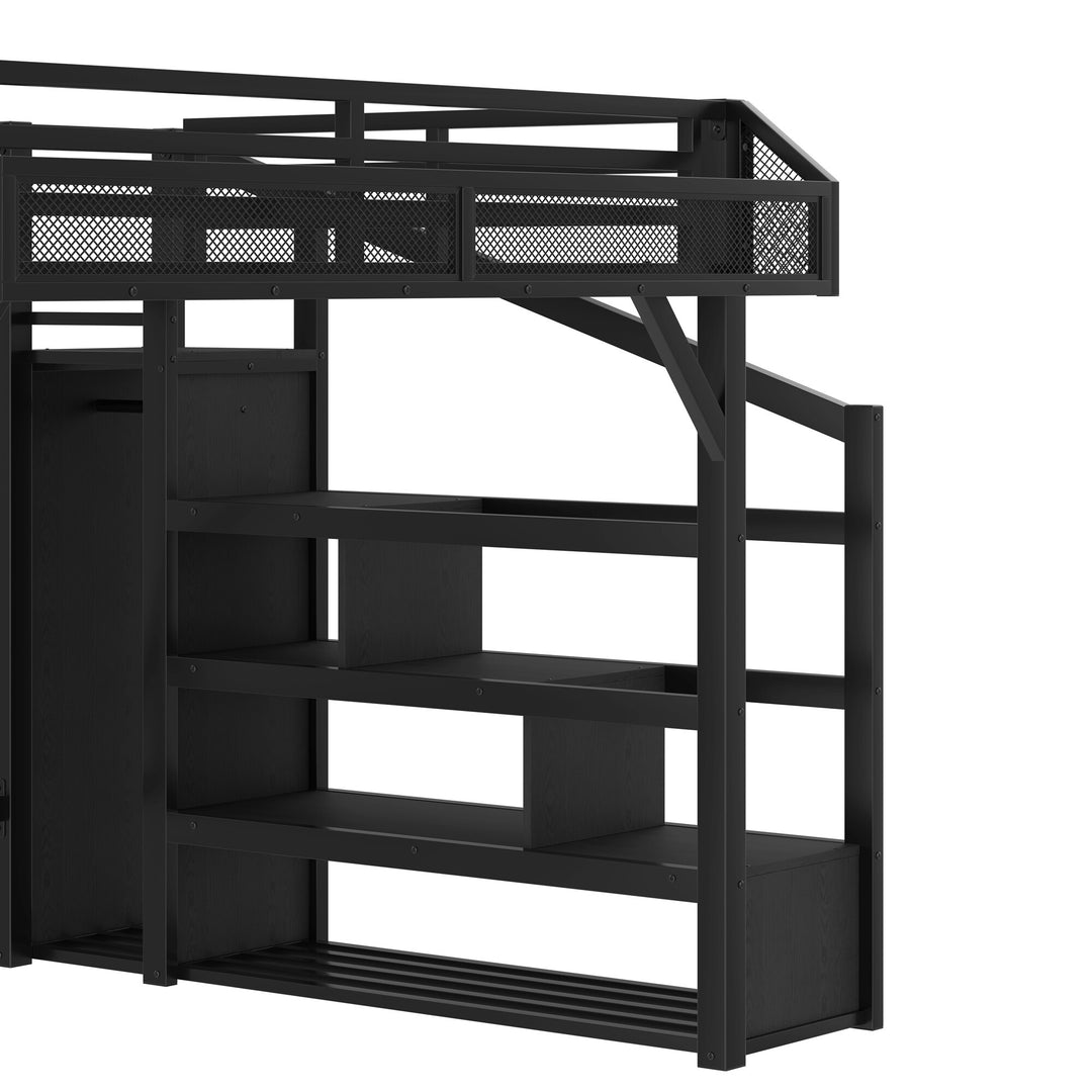 Storage Stairs Loft Bed Queen Size Metal Bed Frame with Built-In Wardrobe, Shelves, Light Strip and Charging Station