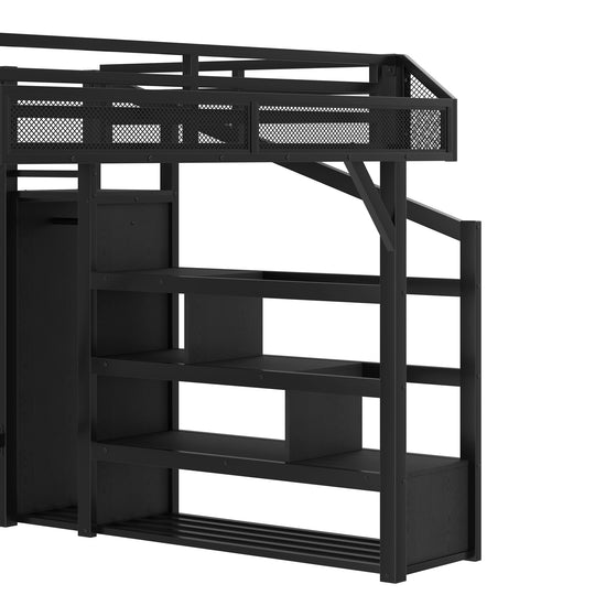 Storage Stairs Loft Bed Queen Size Metal Bed Frame with Built-In Wardrobe, Shelves, Light Strip and Charging Station