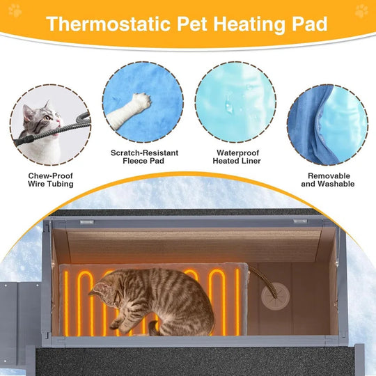 Heated Cat House, 2-Story Insulated Wooden Cat House with Liner, Heated Pad and Escape Door