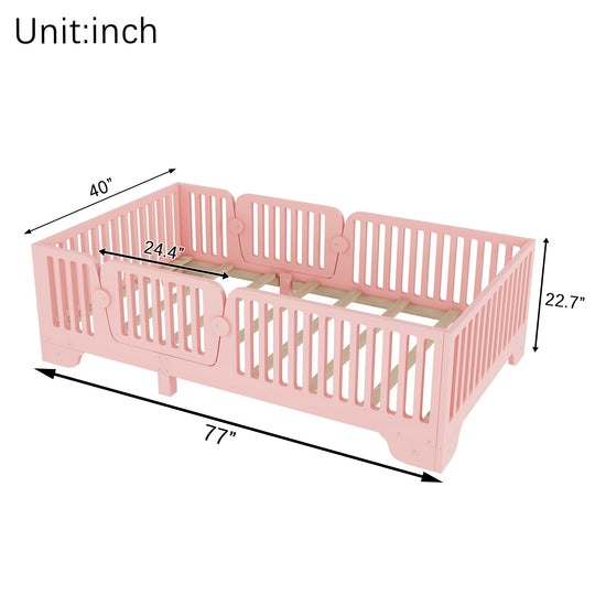 Full Size Montessori Floor Bed Frame with Safety Rails and Removable Door, Low Profile Kids Bed with Slatted Support