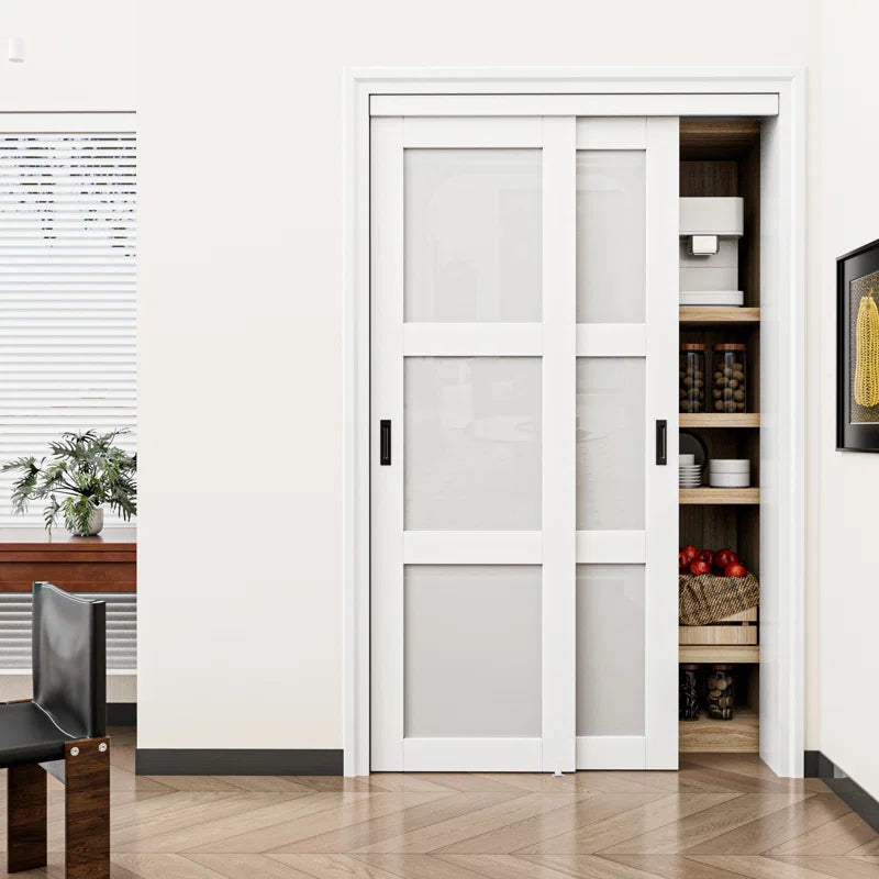 80"H 3-Lite Frosted Tempered Glass Sliding Closet Door with Hardware Kit & Handles
