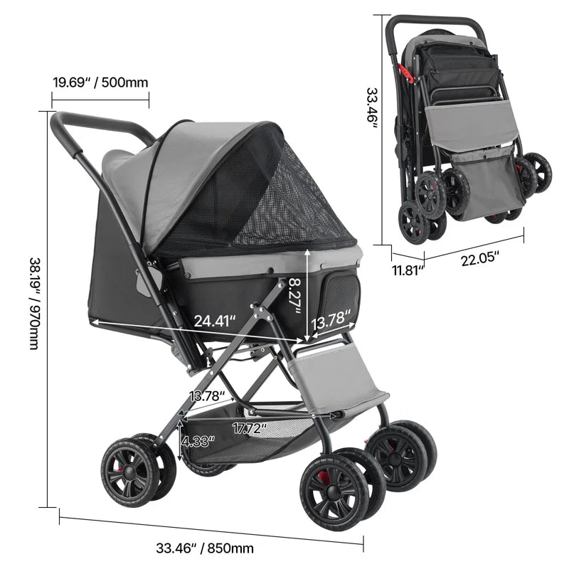 Pet Stroller Foldable 4 Wheels Travel Dog Stroller Reversible Handle up to 44Lbs
