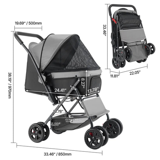 Pet Stroller Foldable 4 Wheels Travel Dog Stroller Reversible Handle up to 44Lbs