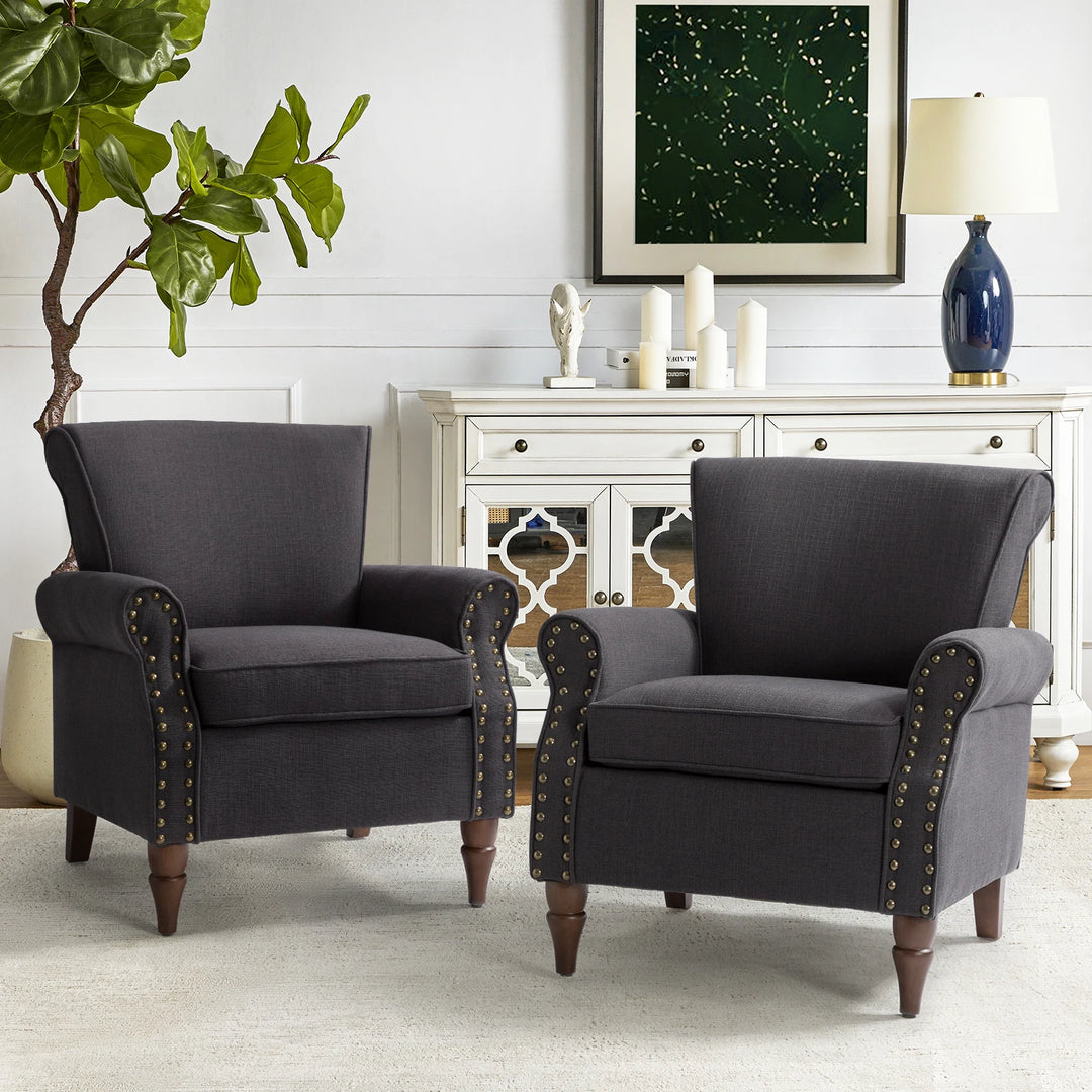 Nyctelius Upholstered Comfy Accent Chair with Turned Wooden Legs and Nailhead Trim Set of 2 by