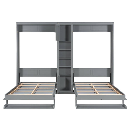 Dual Twin Size Wall Murphy Beds with Cabinets and Shelves, Space-Saving Design