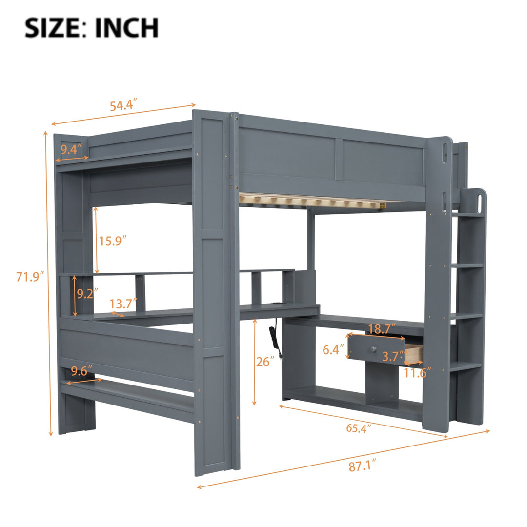 Full Size Gaming Loft Bed with Desk, Multi-Storage Shelves, LED and Charging Station, Dark Design