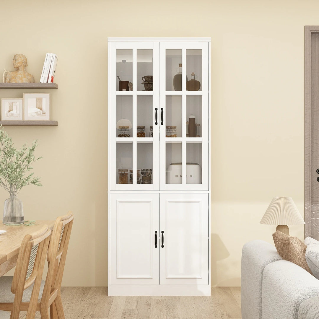 78.7"H Combo Buffet Sideboard White Curio Bookcase Cabinet Glass Door