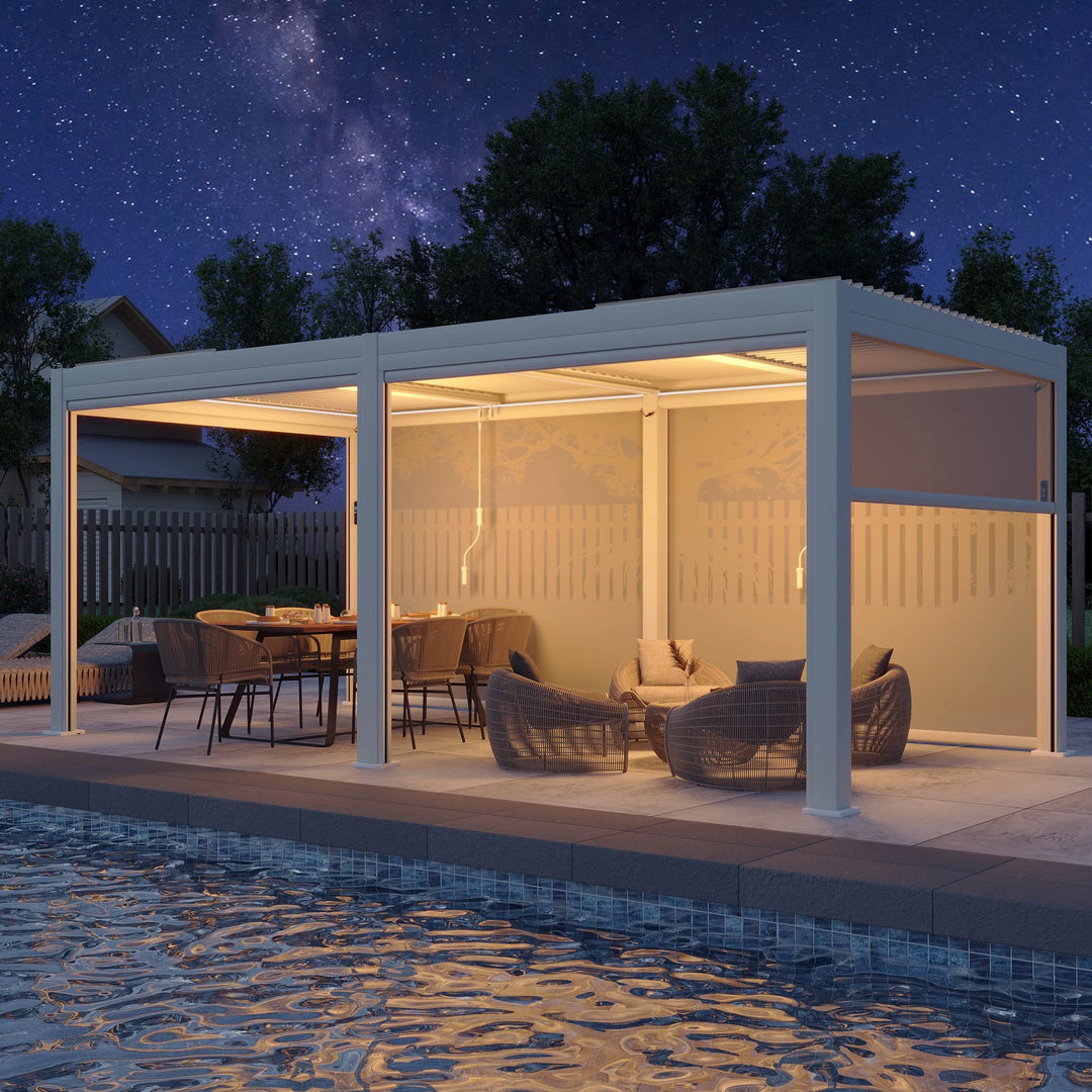 Outdoor Louvered Pergola Gazebo with Adjustable Aluminum Rainproof Roof and Pull-Down Screen
