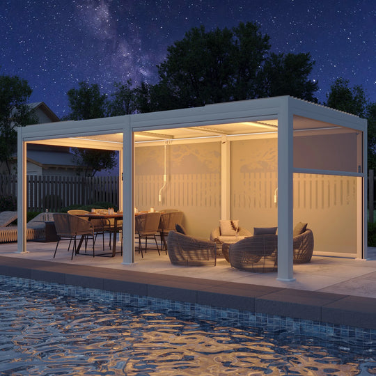 Outdoor Louvered Pergola Gazebo with Adjustable Aluminum Rainproof Roof and Pull-Down Screen